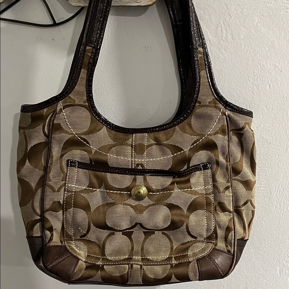 Coach Brown and Tan Signature Shoulder Bag